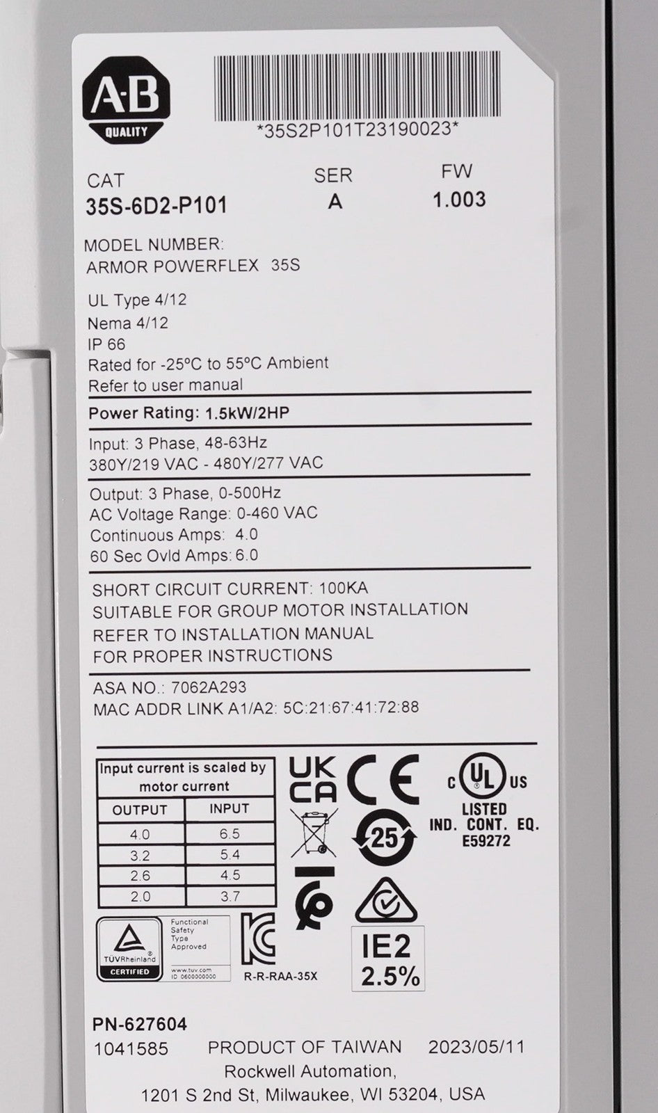 Allen Bradley 35S-6D2-P101 /A Amor Powerflex 35S 35S6D2P101