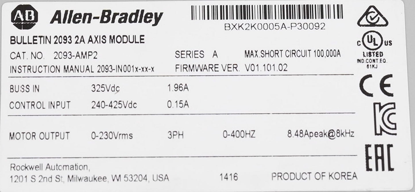 Allen Bradley 2093-AMP2 /A Kinetix 2000 Axis Module 3PH 2093AMP2 - Refurbished