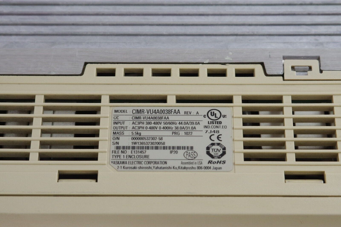 Yaskawa V1000 CIMR-VU4A0038FAA 44A 480V 3Ph AC Drive Rev A + 1 year Warranty