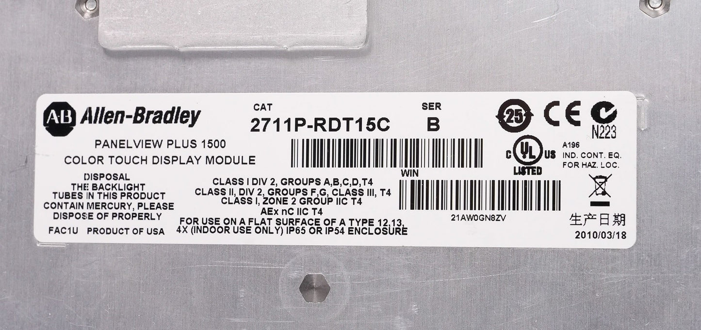 Allen Bradley 2711P-RDT15C /B PanelView Plus 1500 15" Color Display 2711PRDT15C