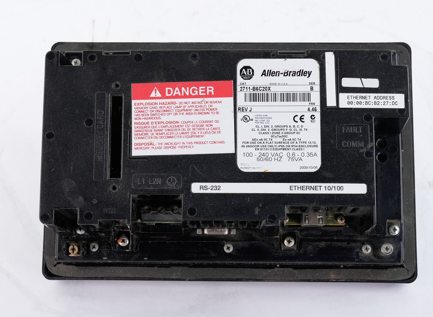 Allen Bradley 2711-B6C20X /B Rev J PanelView 600 Display Panel HMI 2711-B6C20