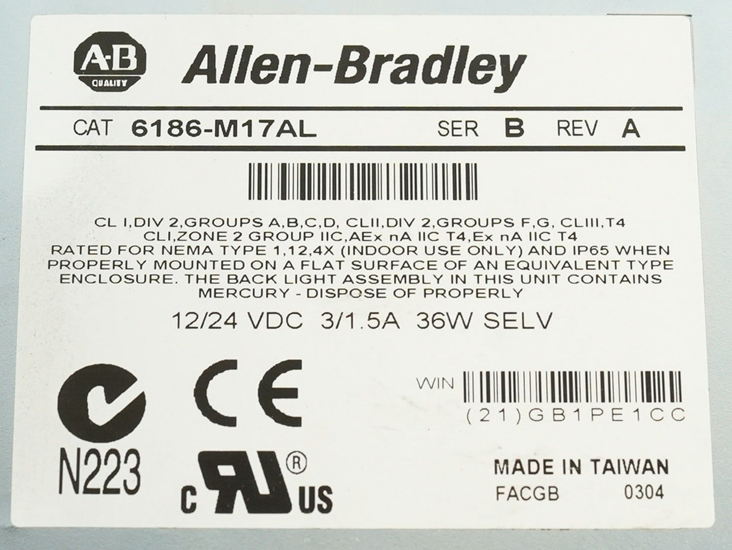 Allen Bradley 6186-M17AL /B Rev A VersaView 1700M Performance Monitor 6186M17AL