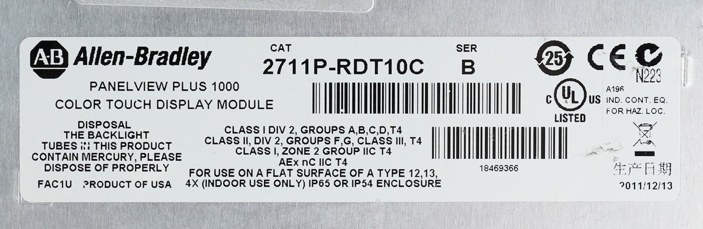 Allen Bradley 2711P-RDT10C /B PanelView Plus 1000 Color Touch Display Screen
