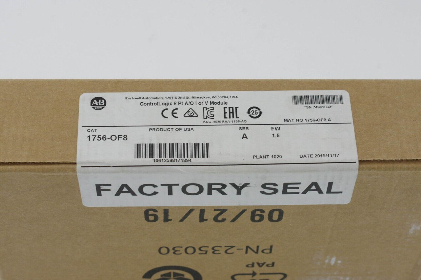 2019 Allen Bradley 1756-OF8 SER A ControlLogix 8 Pt A/O I V Module - New Surplus