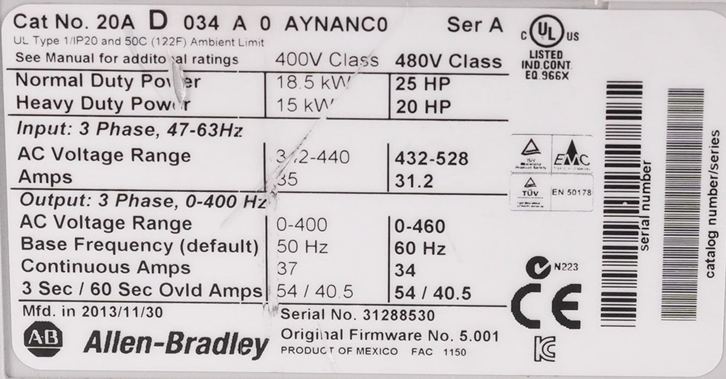 Allen Bradley 20AD034A0AYNANC0 /A PowerFlex 70 AC Drive 480V 3-Phase 25HP