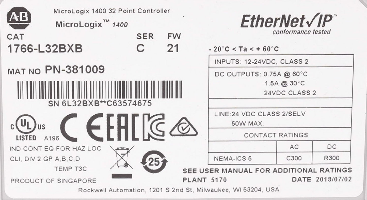 Allen Bradley 1766-L32BXB /C MicroLogix 1400 PLC 32-Point Controller 1766L32BXB