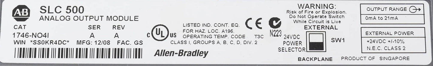Allen Bradley 1746-NO4I Ser A SLC 500 Analog Output Module 4 Channel 1746NO4I