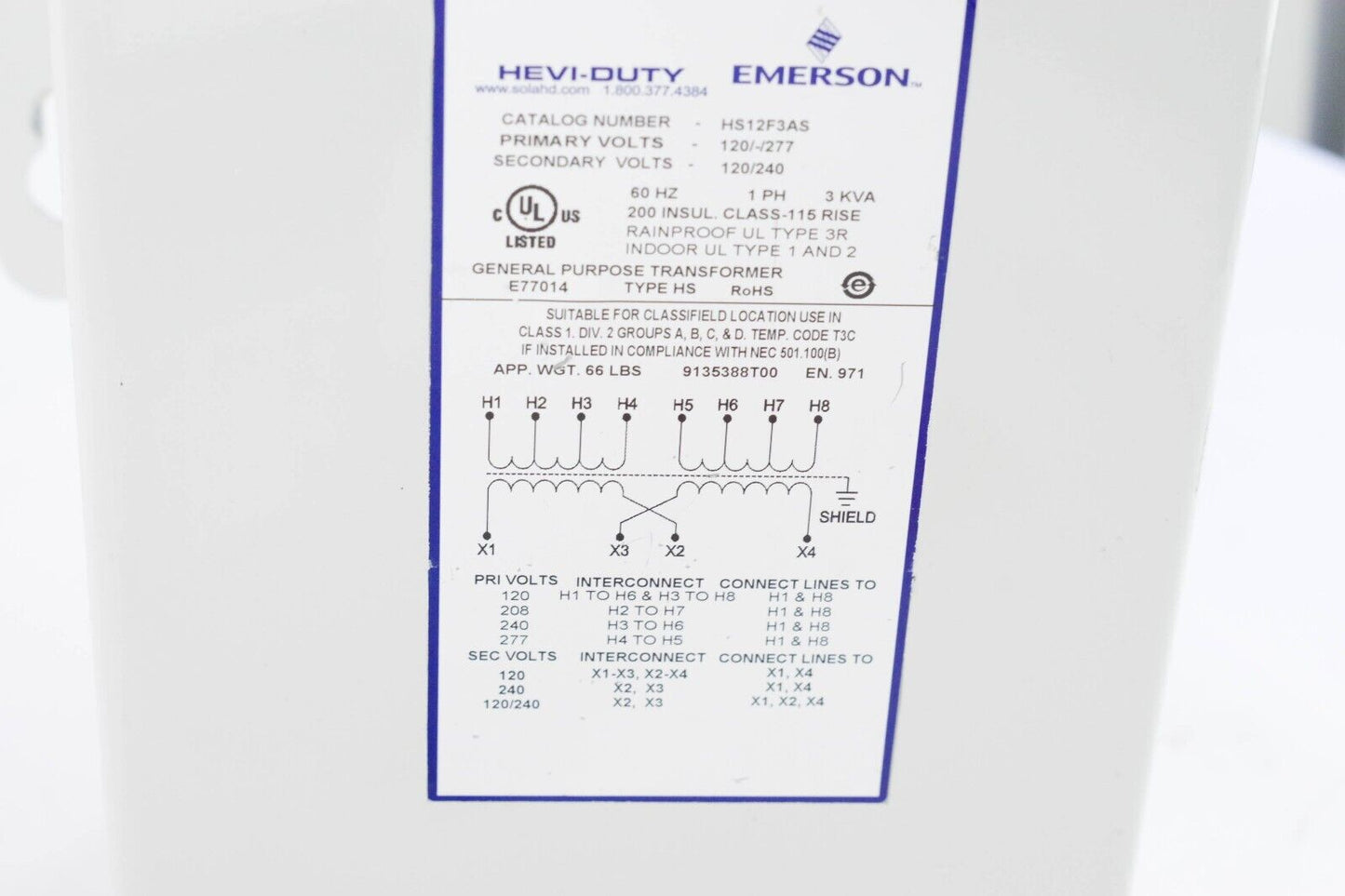 EMERSON HS12F3AS Wall Mount Transformer 120/-/277 120/240 - Lightly Used