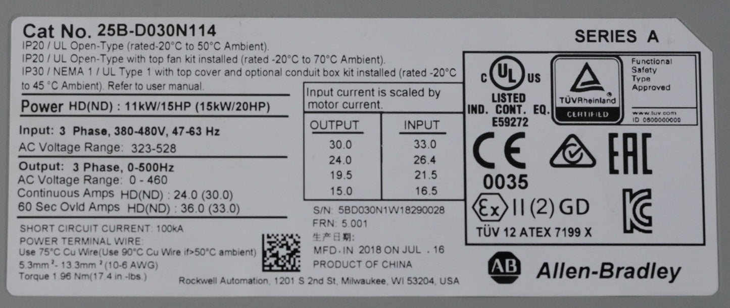 Allen Bradley 25B-D030N114 /A PowerFlex 525 3-Phase AC Drive 25BD030N114 15HP