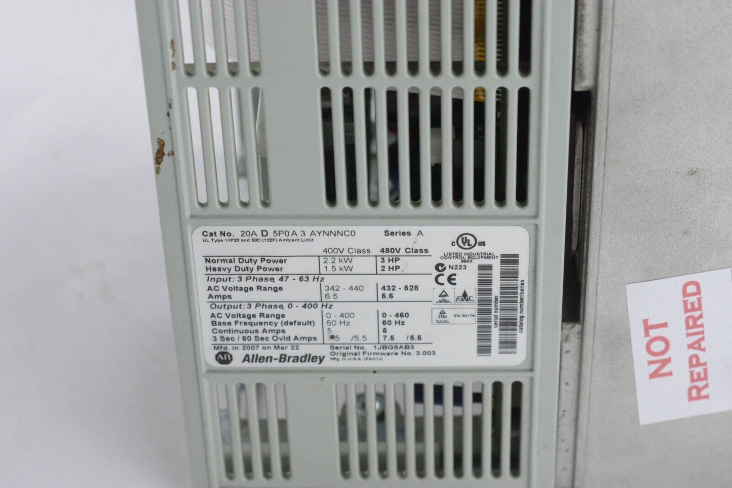 Allen-Bradley 20A D 5P0 A 3 AYNNNC0 Ser A / 20AD5P0A3AYNNNC0 For Parts / Repair