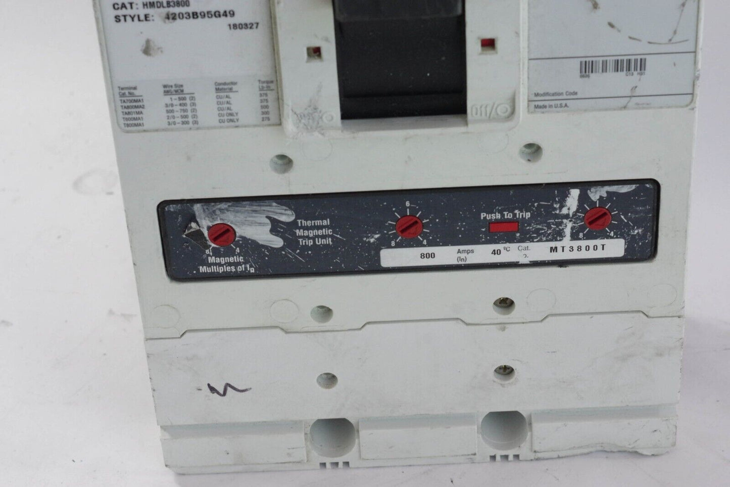 EATON HMDLB3800 3POLE 800A 600V Circuit Breaker 4203B95G49 HMDLB 65K