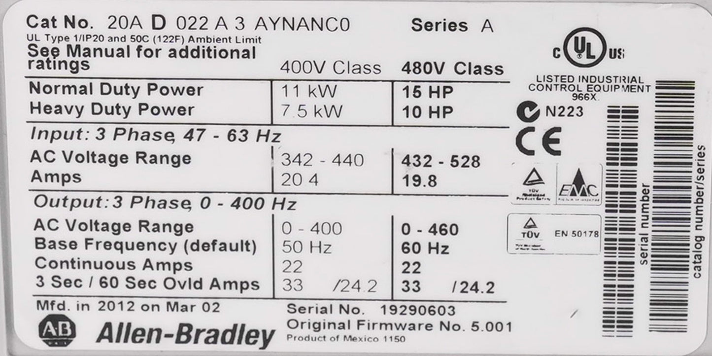 Allen Bradley 20AD022A3AYNANC0 /A PowerFlex 70 AC Drive 480V 15HP 22A