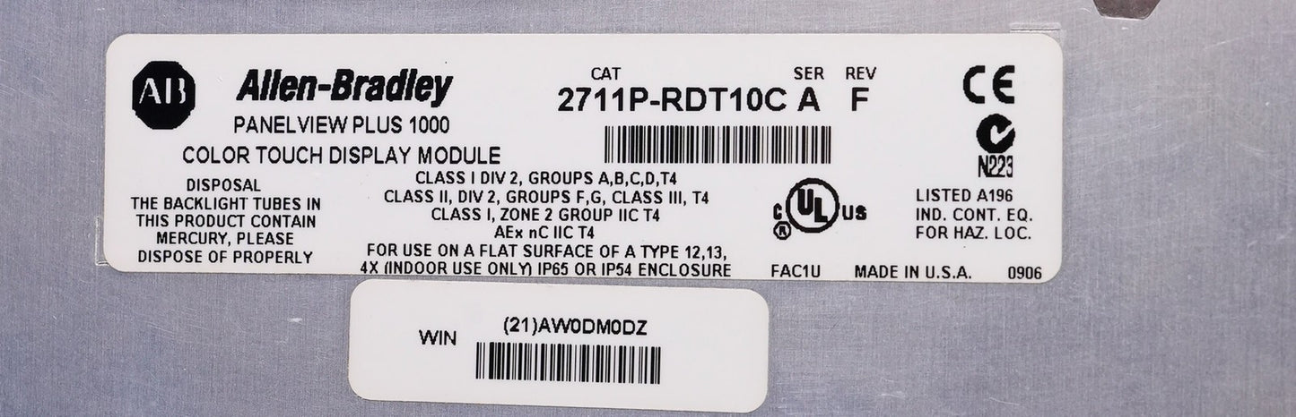 Allen Bradley 2711P-RDT10C /A PanelView Plus 1000 Color Touch Display Module