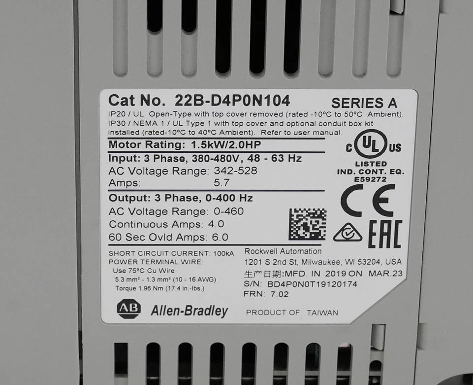 Allen Bradley 22B-D4P0N104 Ser A PowerFlex 40 AC Drive 480V 3PH 2HP 1.5kW