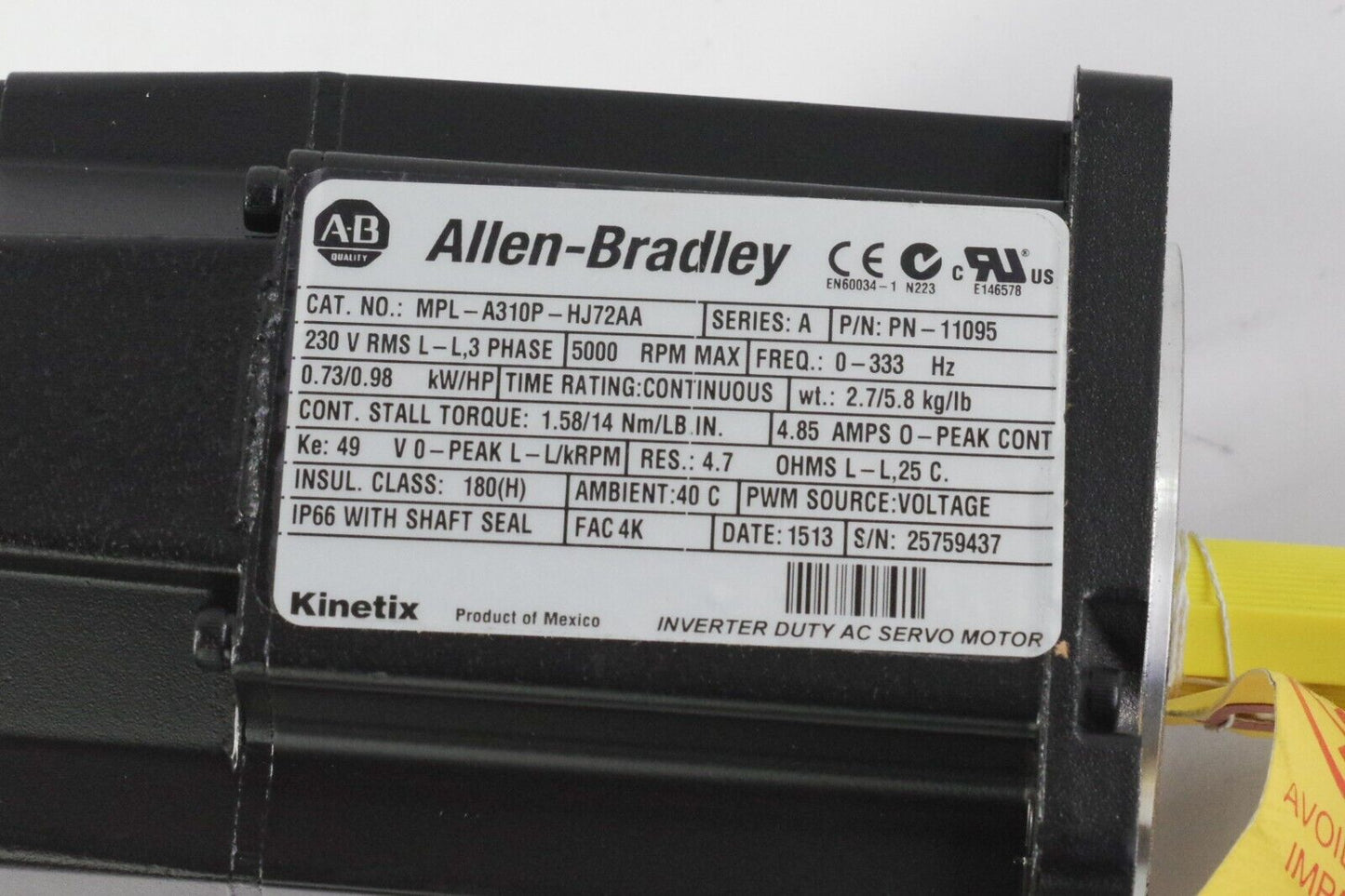 Allen Bradley MPL-A310P-HJ72AA Ser A 230 Volt AC Rotary Servo Motor - No Box