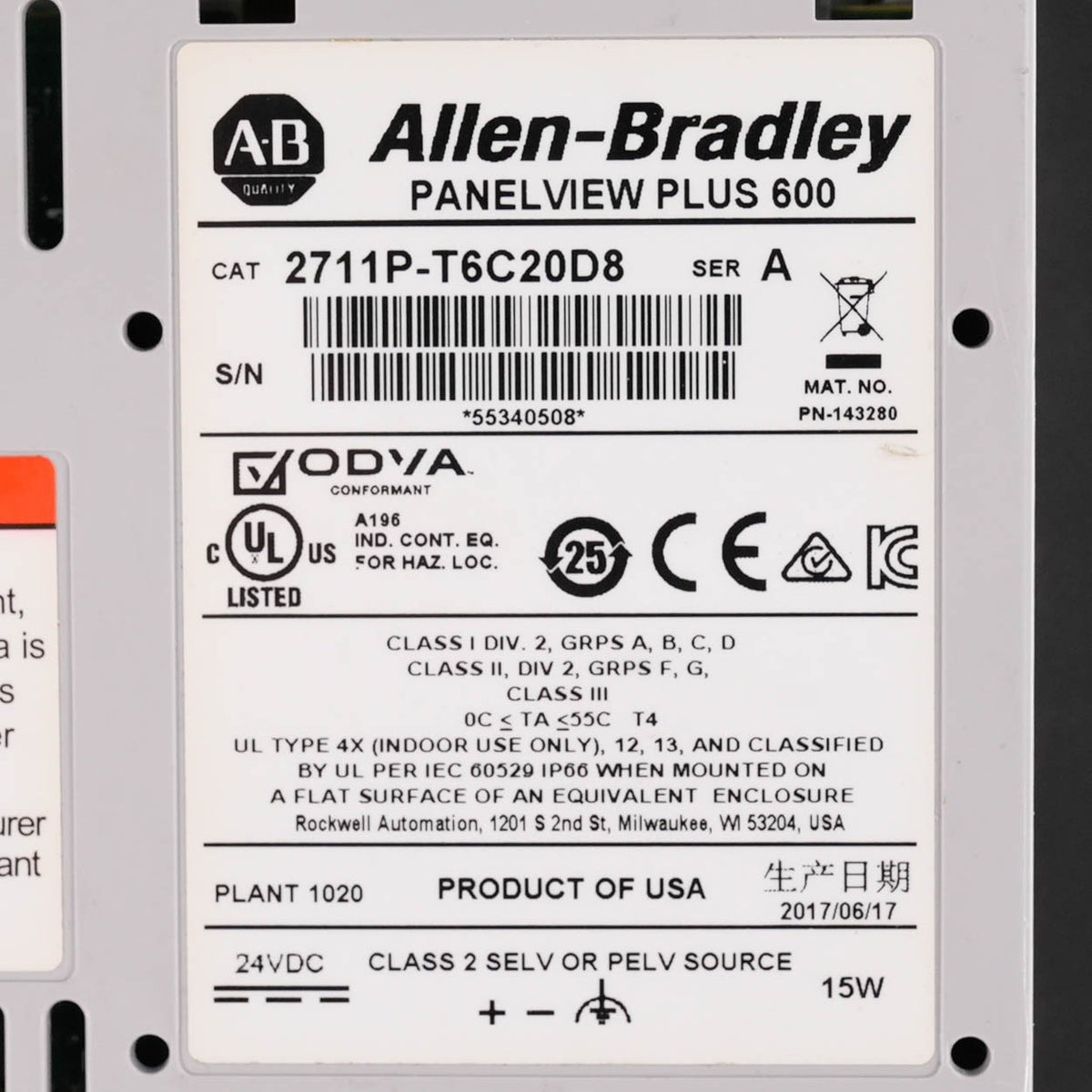 Allen Bradley 2711P-T6C20D8 Ser A PanelView Plus 6 600 Color Touch 24VDC