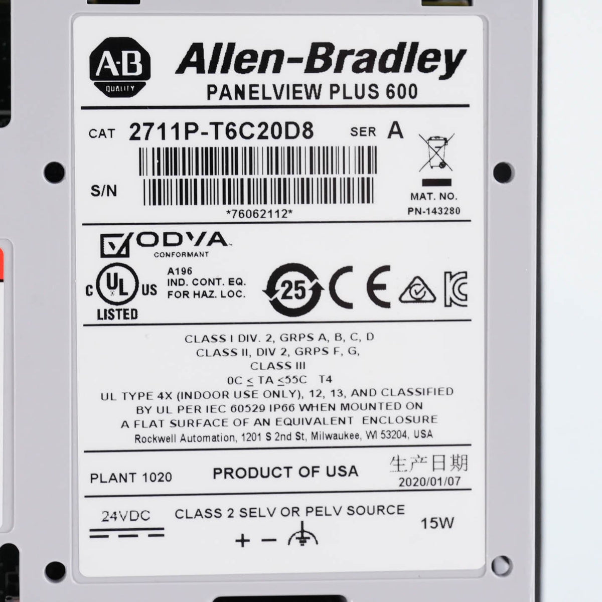 Allen Bradley 2711P-T6C20D8 Ser A PanelView Plus 6 600 Color Touch 24VDC