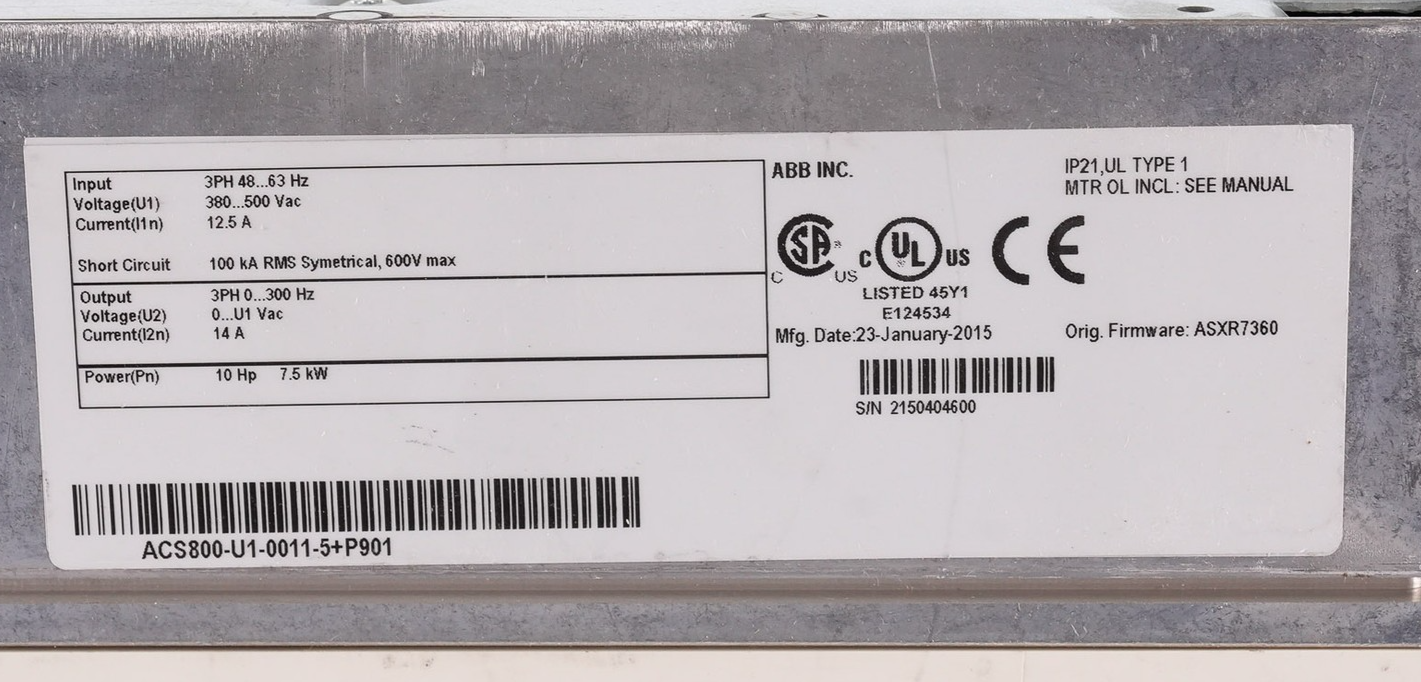 ABB ACS800-U1-0011-5+P901 Variable Frequency Drive 14A 10HP 3-Phase