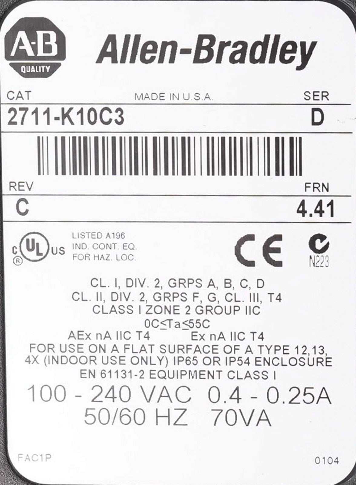 Allen Bradley 2711-K10C3 /D Rev C PanelView 1000 HMI Display Terminal 2711K10C3
