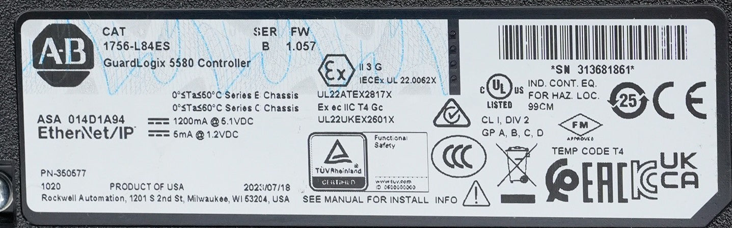 Allen Bradley 1756-L84ES /B FW 1.057 GuardLogix 5580 Controller 1756L84ES