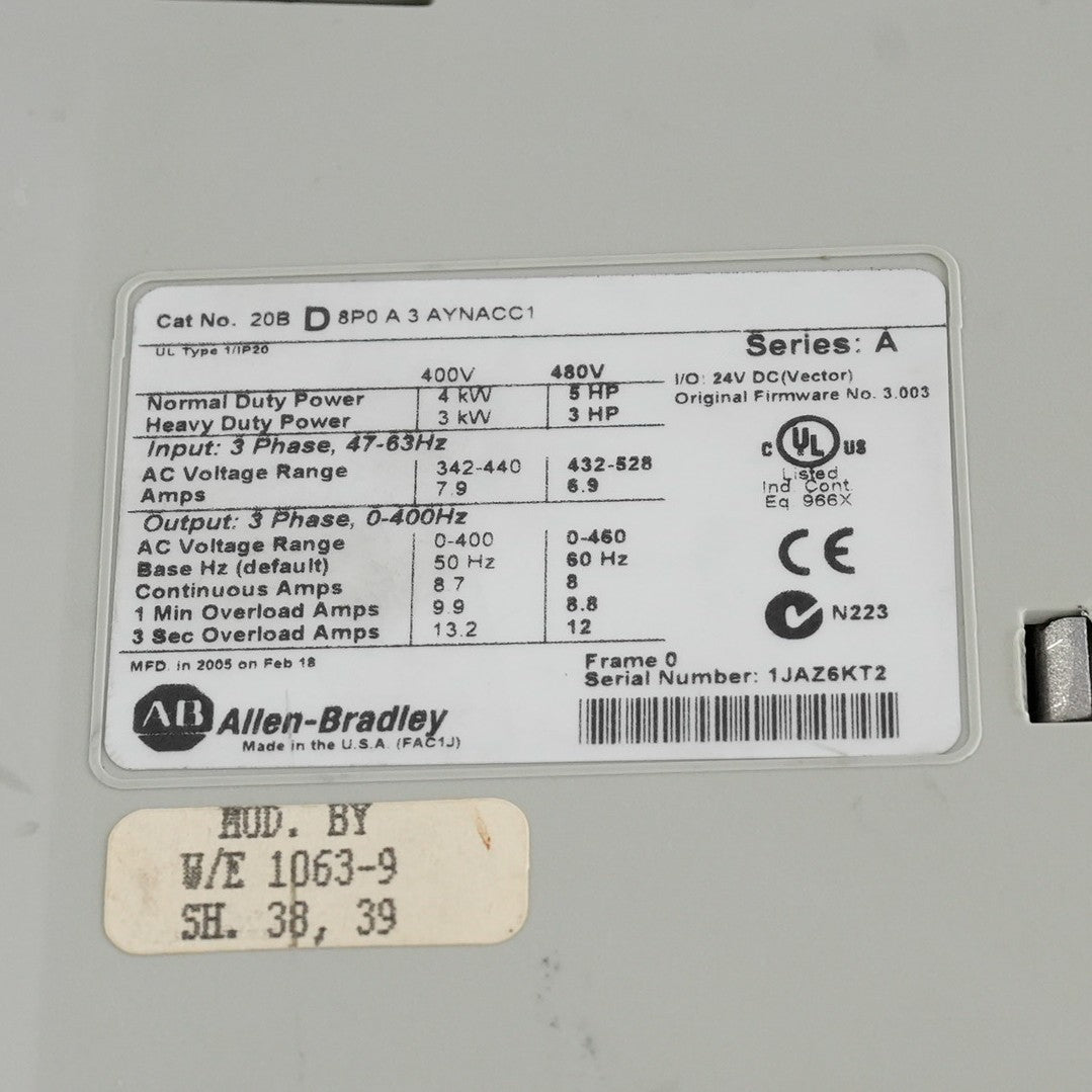 Allen Bradley 20BD8P0A3AYNACC1 /A PowerFlex700 AC Drive 480V 5hp - Refurbished