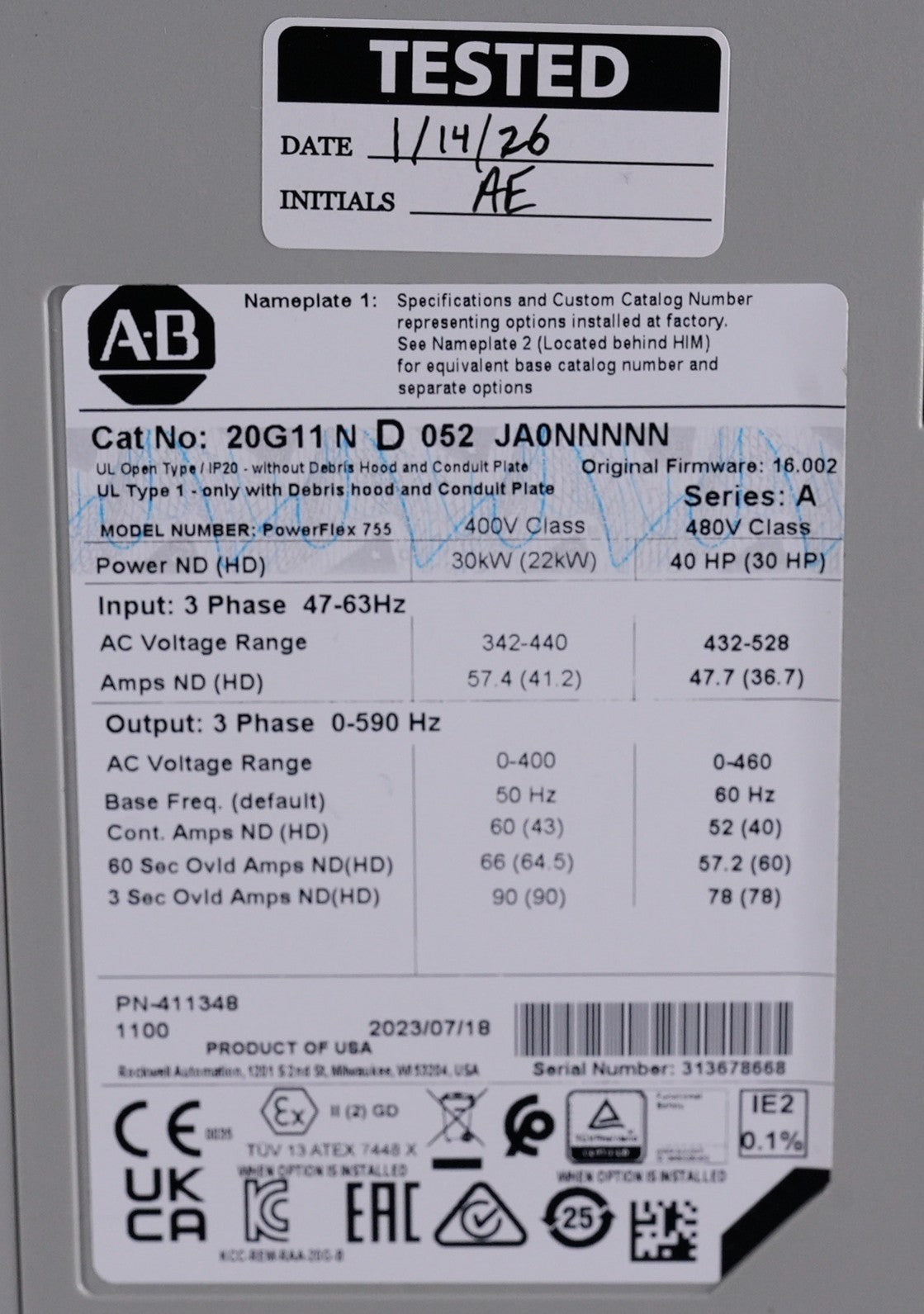 Allen Bradley 20G11ND052JA0NNNNN /A PowerFlex 755 3-Phase AC Drive  + Warranty