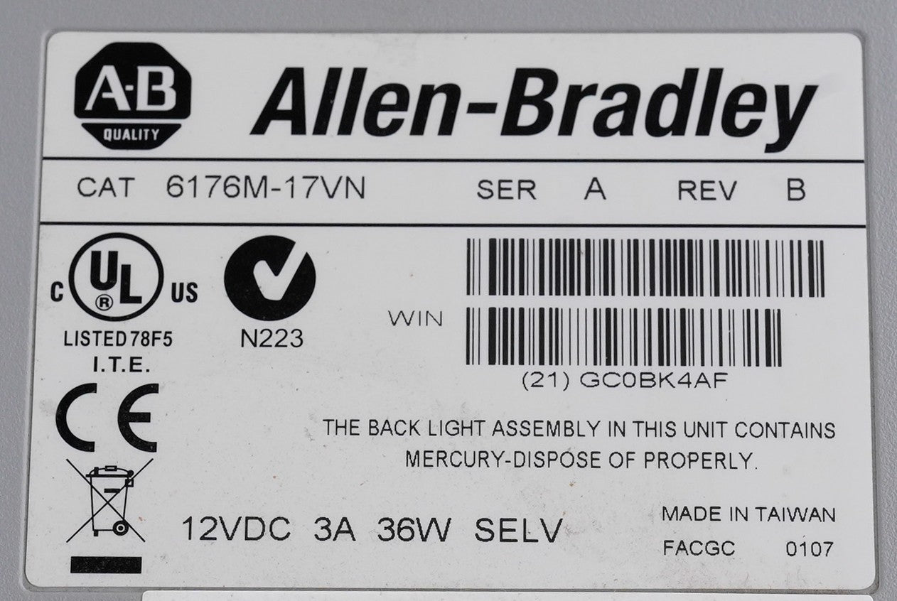 Allen Bradley 6176M-17VN /A Rev B VersaView 1750M Industrial Monitor 6176M17VN