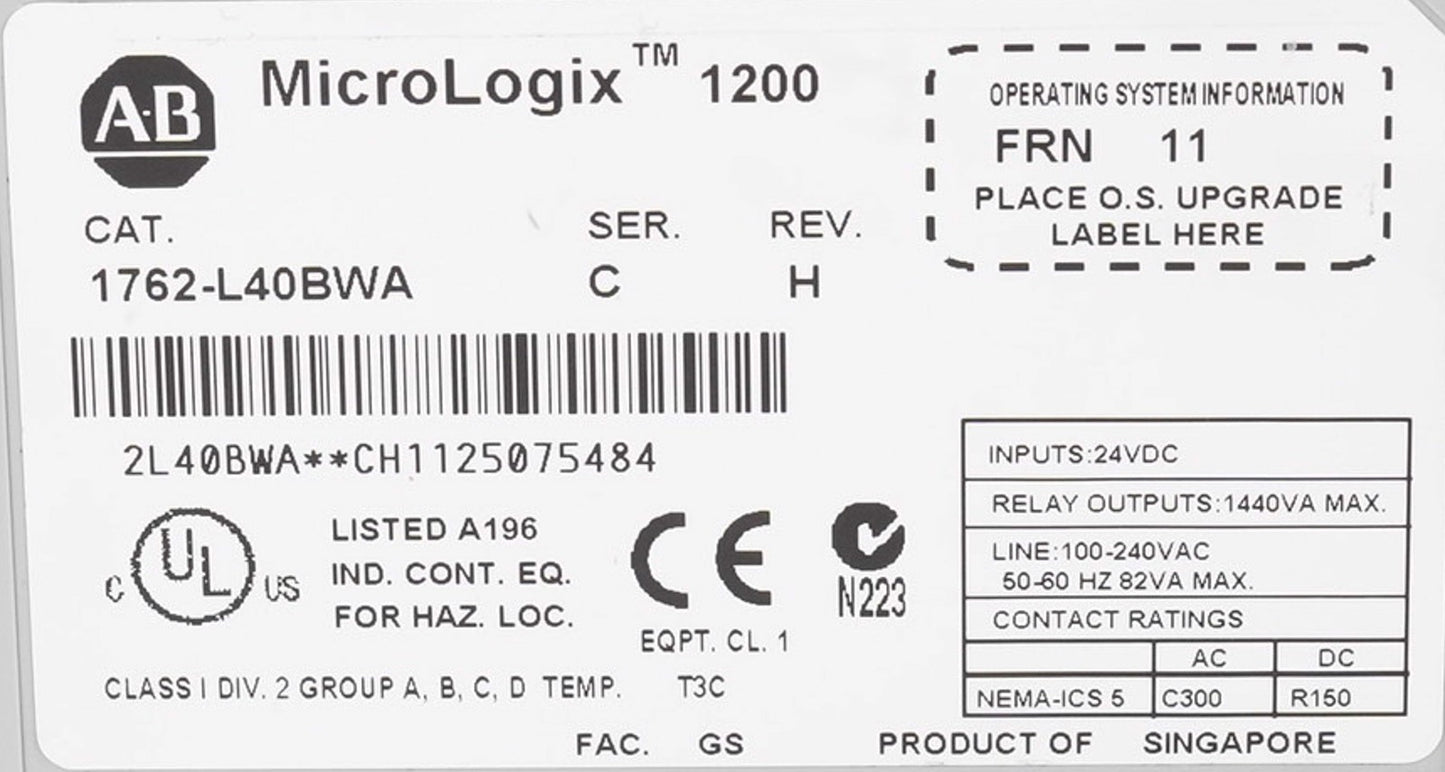 Allen Bradley 1762-L40BWA /C Rev H MicroLogix 1200 PLC Processor 1762L40BWA