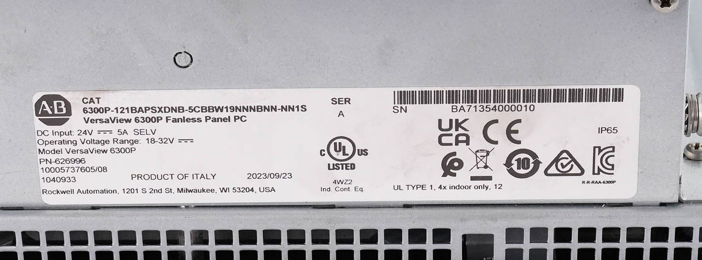 Allen Bradley 6300P-121BAPSXDNB-5CBBW19NNNBNN-NN1S /A VersaView 6300P Panel PC