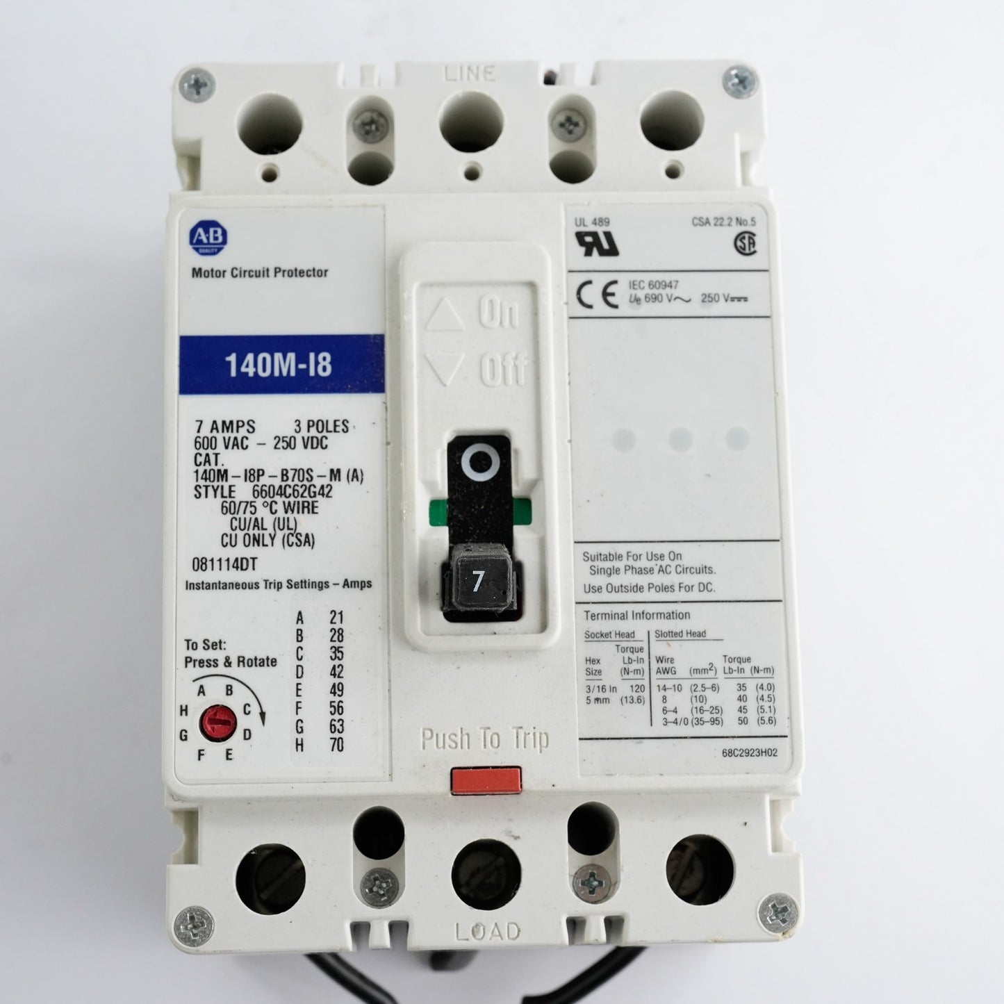 Allen Bradley 140M-I8P-B70S-M (A) Motor Circuit Protector 140M-I8 3-Pole 600VAC