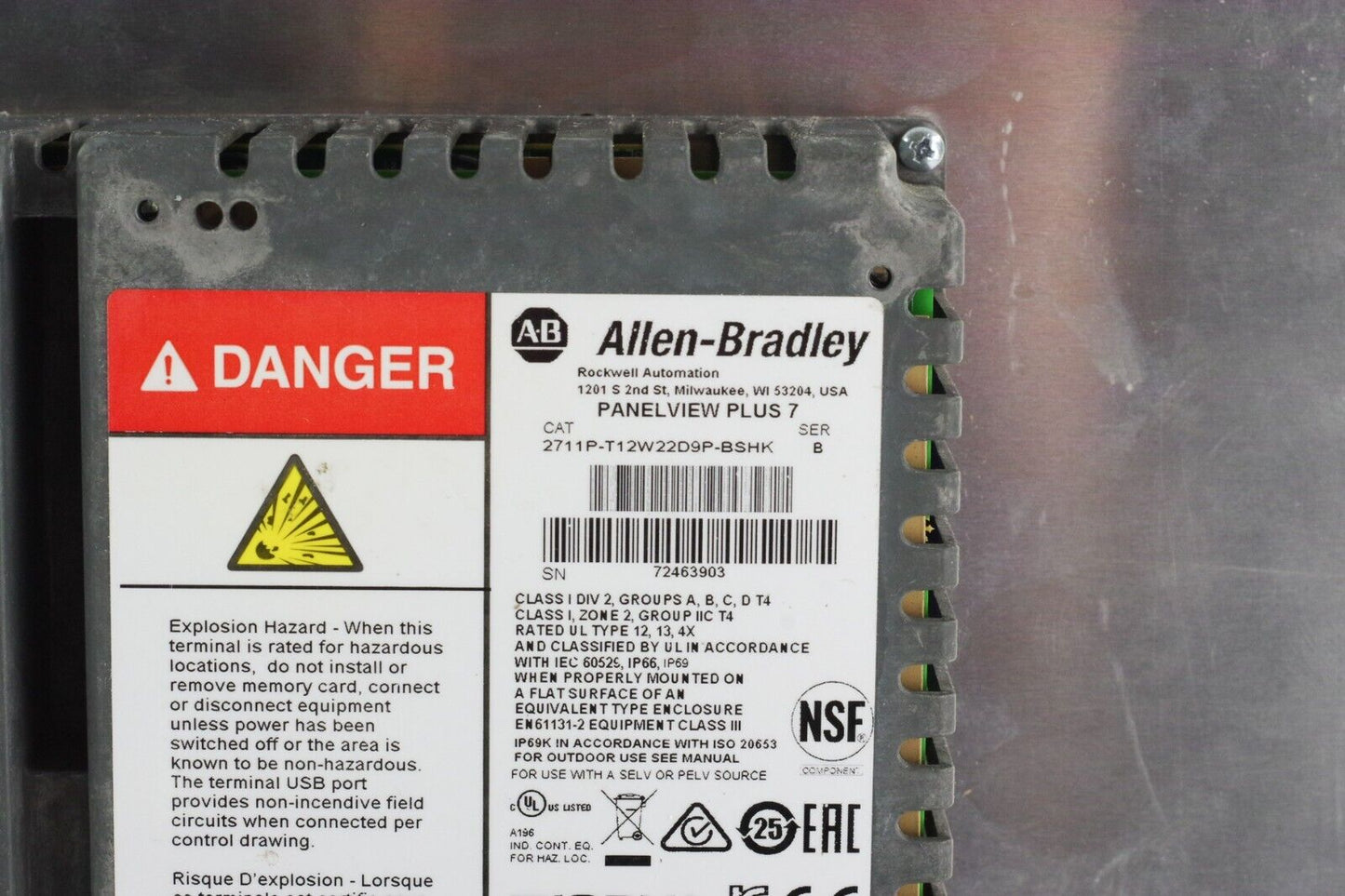 Allen Bradley 2711P-T12W22D9P-BSHK Ser B PanelView Plus 7 Color Touch 12''