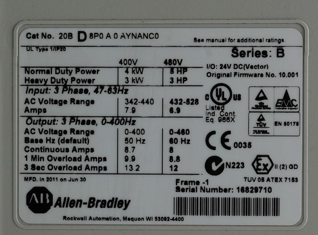 Allen Bradley 20BD8P0A0AYNANC0 /B PowerFlex 700 480V 5hp AC Drive
