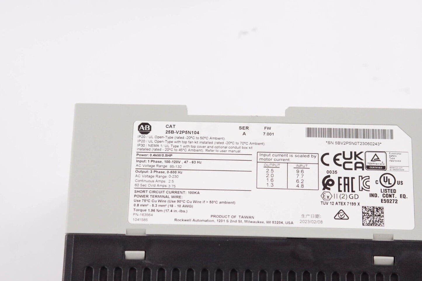 Allen Bradley 25B-V2P5N104 / 25BV2P5N104 Ser. A PowerFlex 525 120V 1-Ph 0.5HP