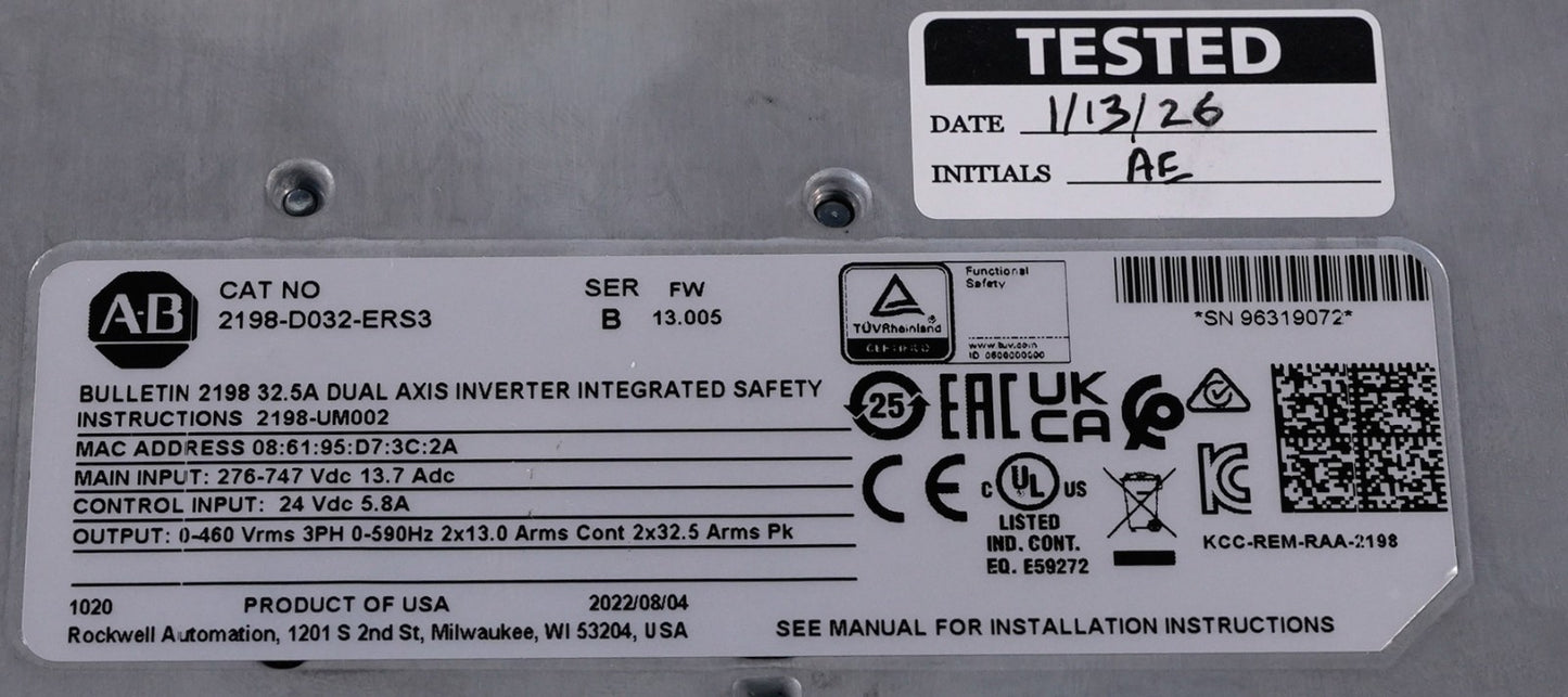 Allen Bradley 2198-D032-ERS3 /B FW 13.005 Kinetix 5700 Servo Drive Dual Axis