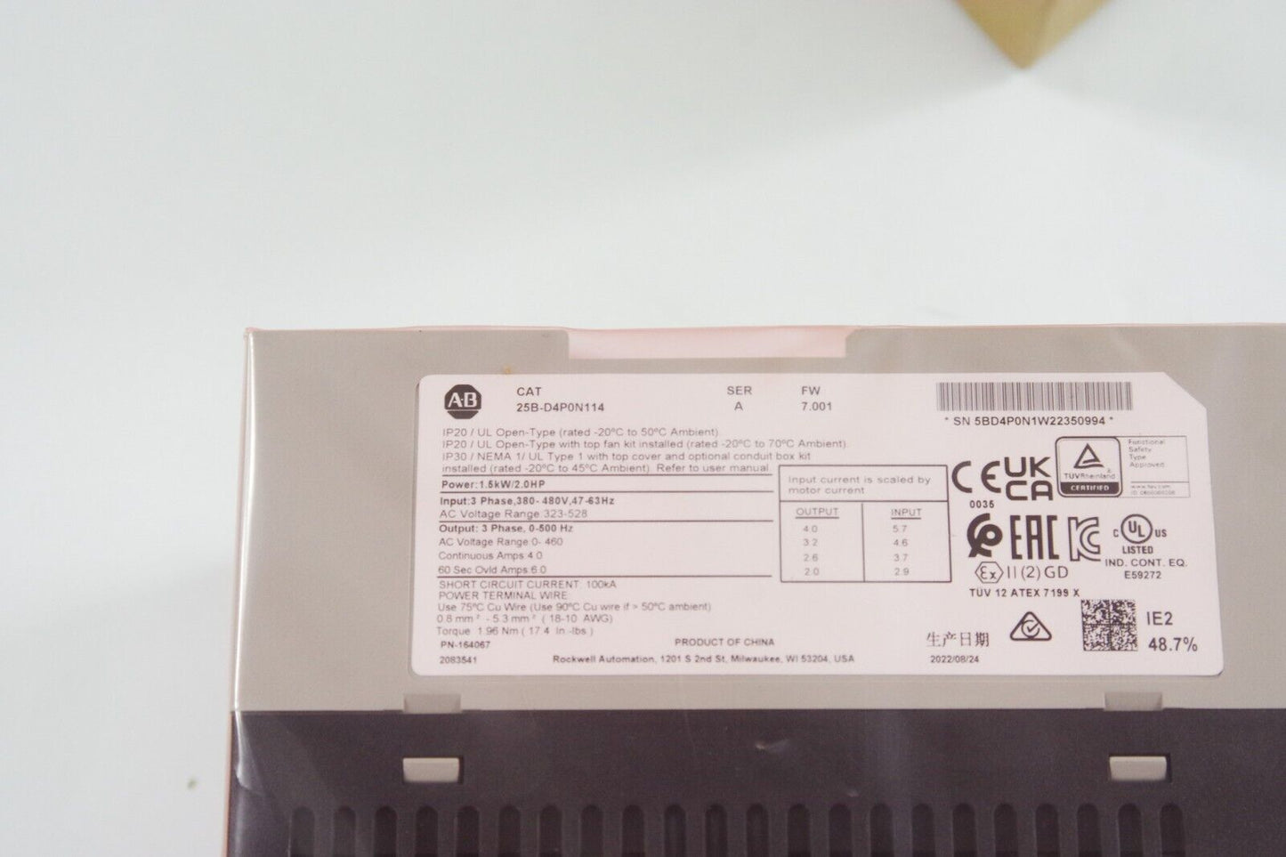 2022 Allen Bradley 25B-D4P0N114 Ser A PowerFlex 525 AC Drive 480V 2HP - Open Box