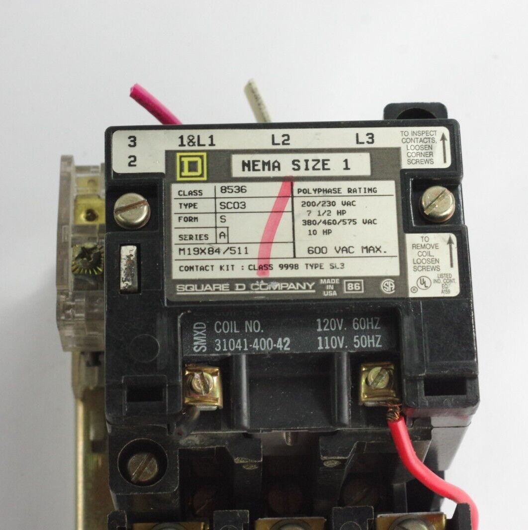 Square D 8536 Motor Starter Type SC03 Coil No. 31041-400-42 120V 60Hz/110V 50Hz