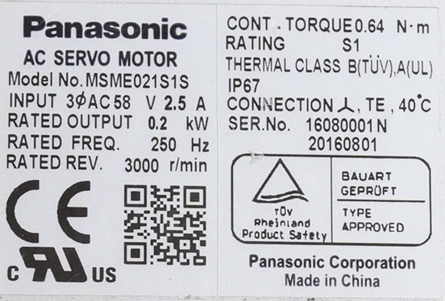 Panasonic MSME021S1S AC Servo Motor 200W 0.2kW 2.5A MSME021S1S