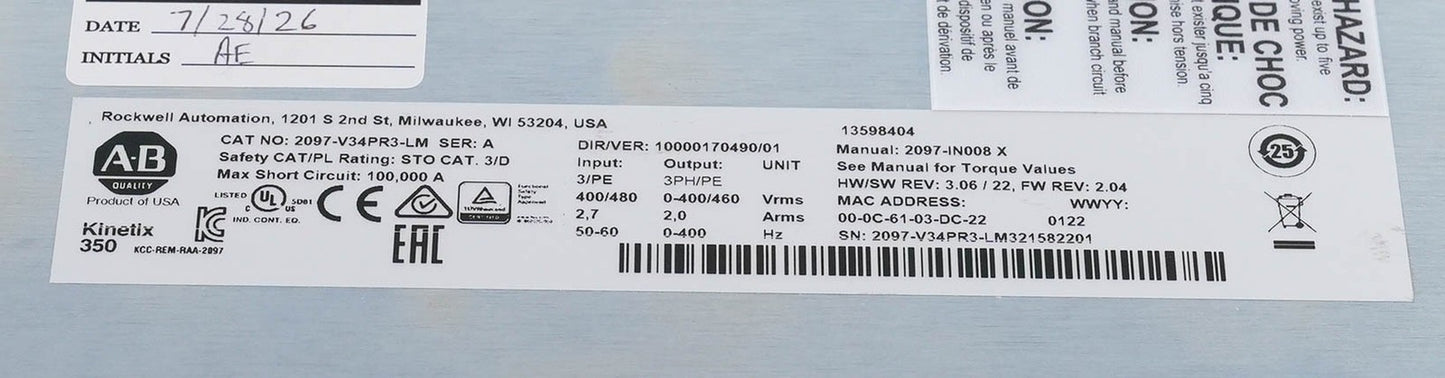 Allen Bradley 2097-V34PR3-LM Ser A Kinetix 350 Servo Drive Without Original Box