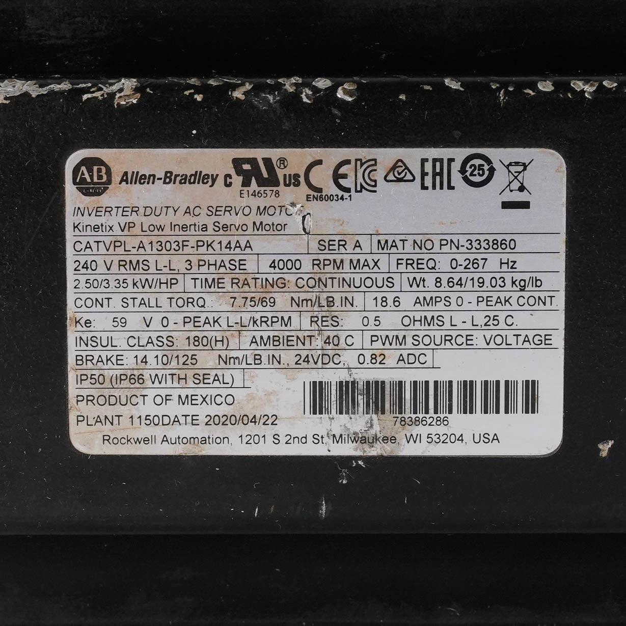 Allen Bradley VPL-A1303F-PK14AA Ser A Kinetix VPL Servo Motor 2.1kW 230V