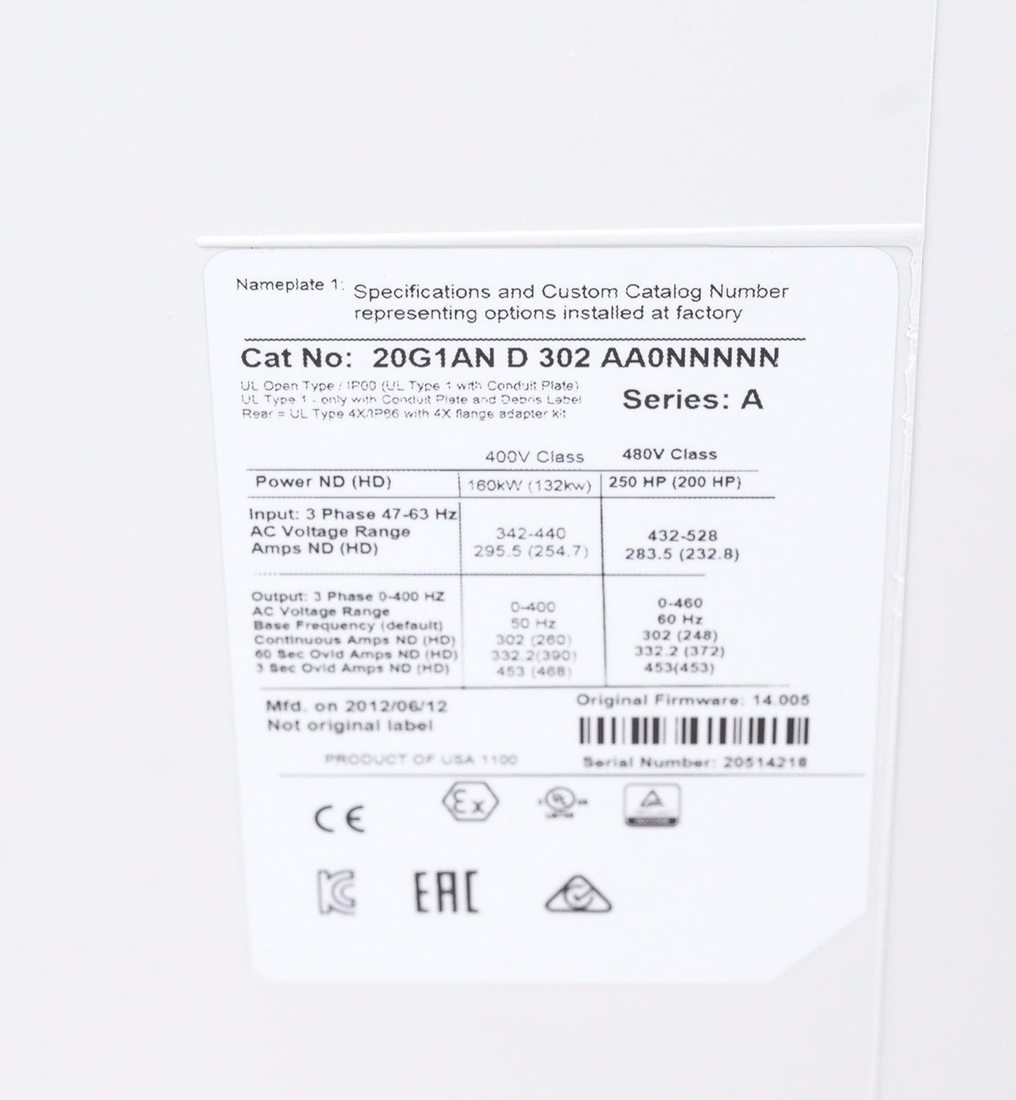 Allen Bradley 20G1AND302AA0NNNNN PowerFlex 755 AC Drive 480V 250HP
