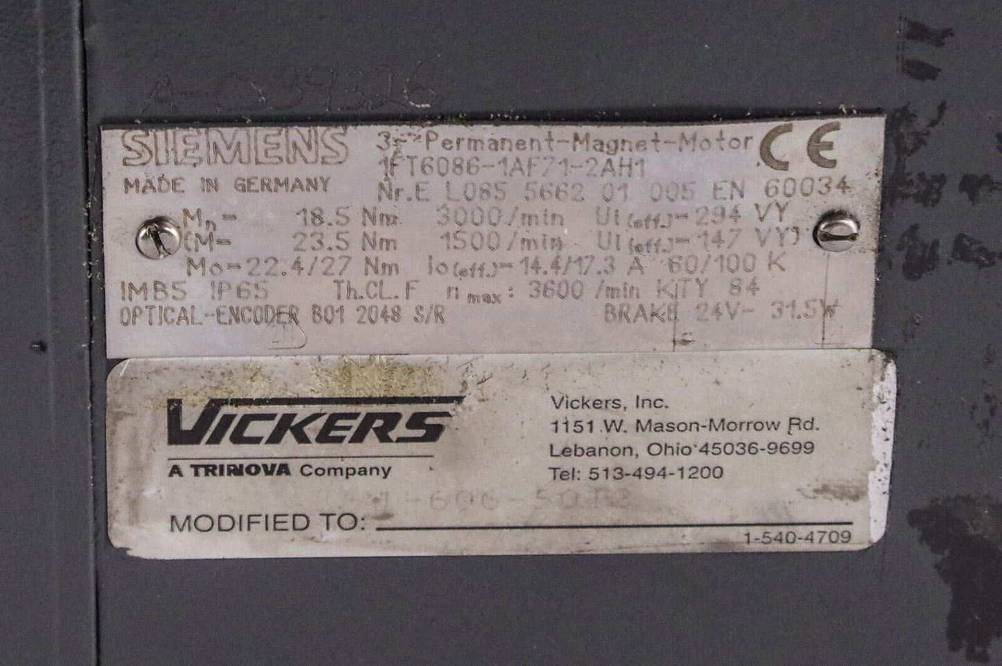 Vickers Siemens 1FT6086-1AF71-2AH1 / 1FT60861AF712AH1 Permanent Magnet Motor