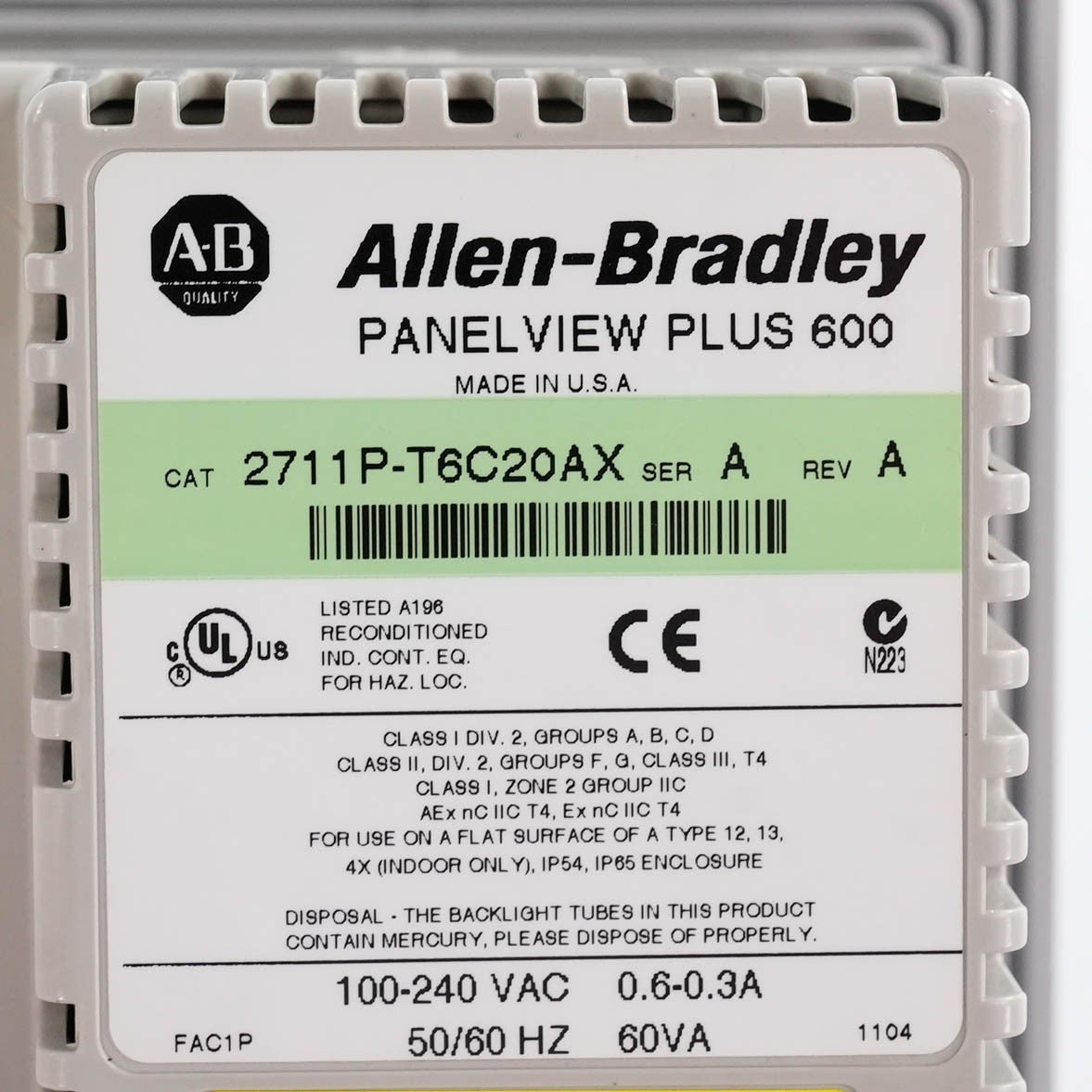 Allen Bradley 2711P-T6C20AX Ser A PanelView Plus 600  120v 2711P-T6C20A