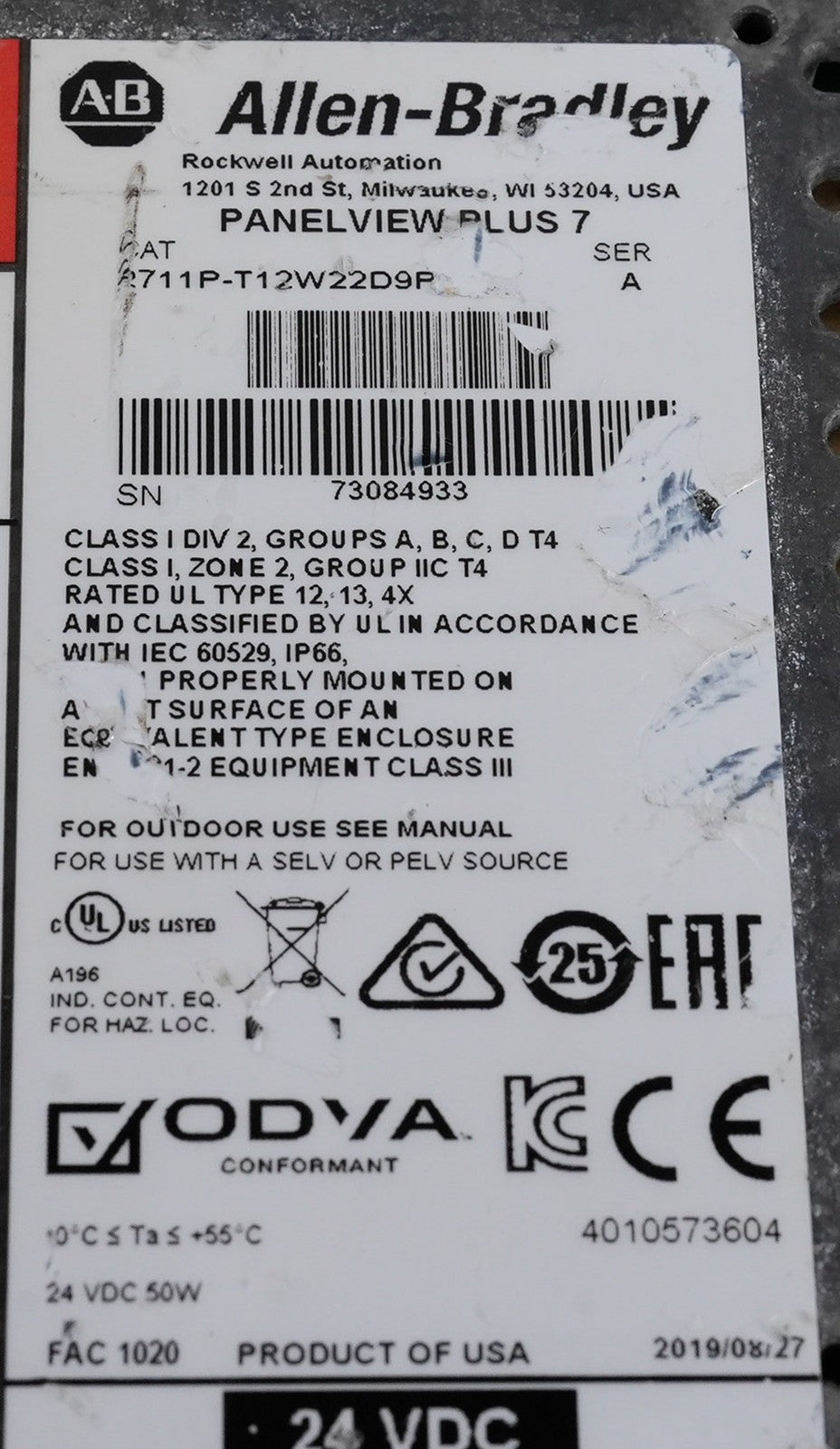 Allen Bradley 2711P-T12W22D9P /A PanelView Plus 7 12.1" Touch 2711PT12W22D9P