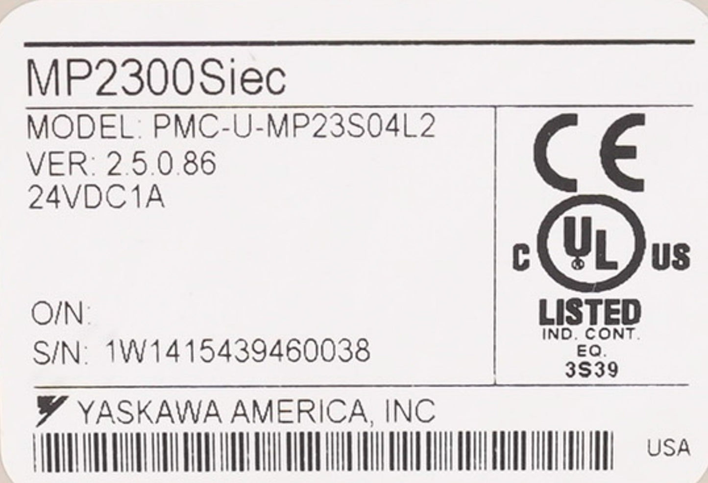 Yaskawa PMC-U-MP23S04L2 MP2300Siec Machine Controller 24VDC 1A PMCUMP23S04L2