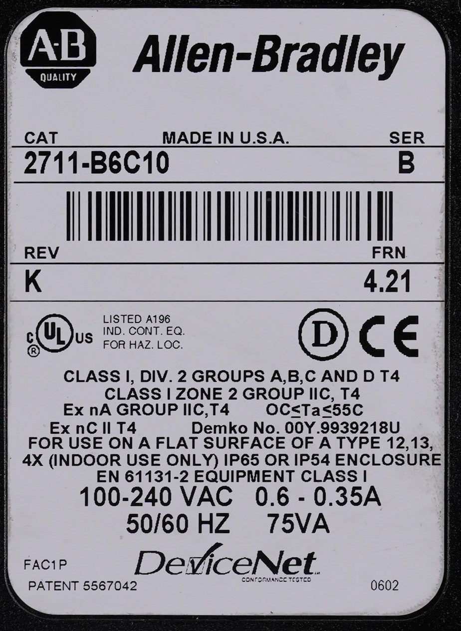 Allen Bradley 2711-B6C10 /B Rev K FRN 4.21 PanelView 600 Display Terminal