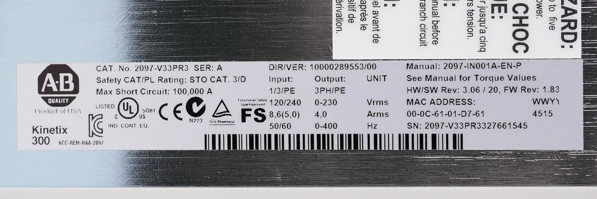 Allen Bradley 2097-V33PR3 Ser A Kinetix 300 Servo Drive 240V 1PH/3PH - No Box