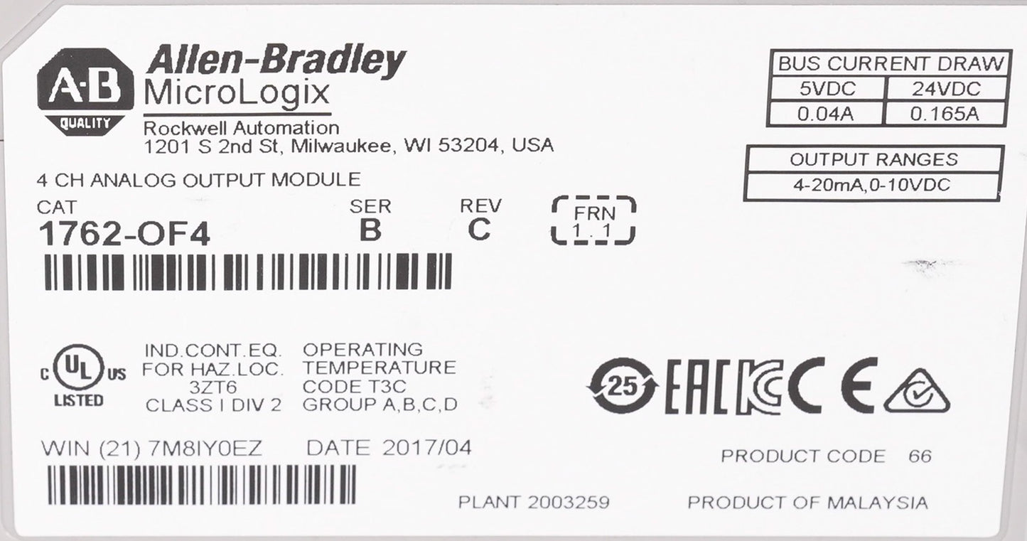 Allen Bradley 1762-OF4 /B MicroLogix 4 Channel Analog Output Module 1762OF4