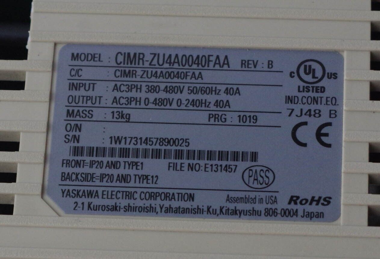 Yaskawa CIMR-ZU4A0040FAA Motor Drive Inverter 40 Amps Z1000 - For Parts/Repair