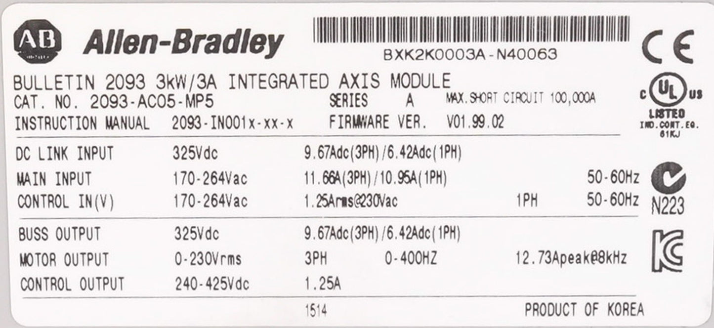 Allen Bradley 2093-AC05-MP5 /A Kinetix 2000 Integrated Axis Module