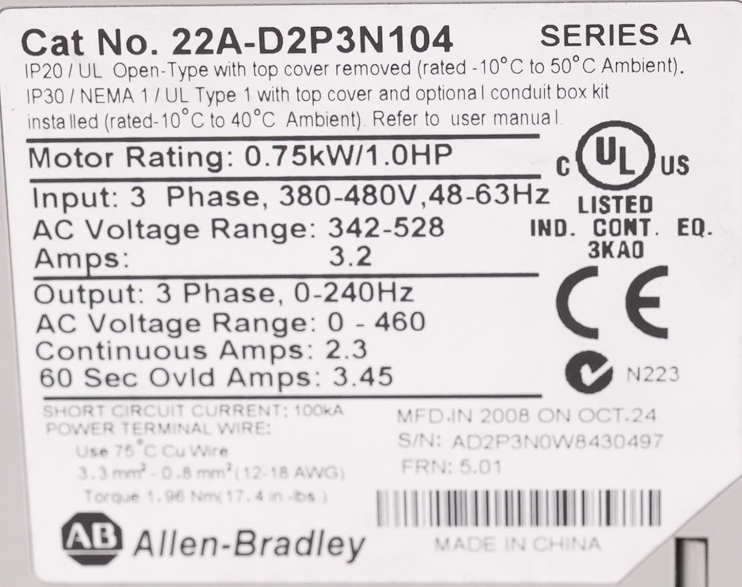 Allen Bradley 22A-D2P3N104 /A PowerFlex AC Drive 480V 3-Phase - Open Box